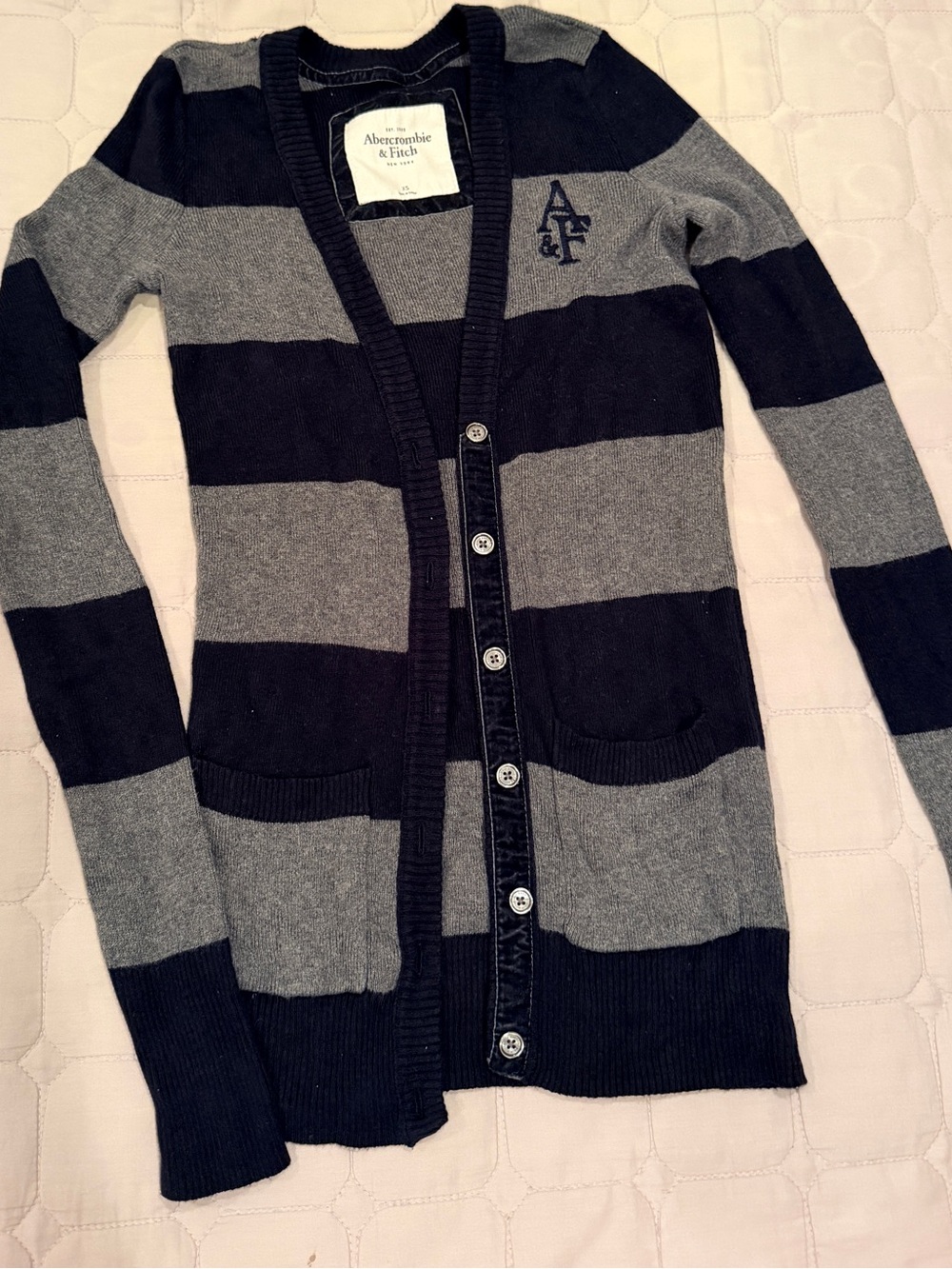 Vintage Abercrombie & Fitch Women's XS Black and Gray Striped Button Cardigan
